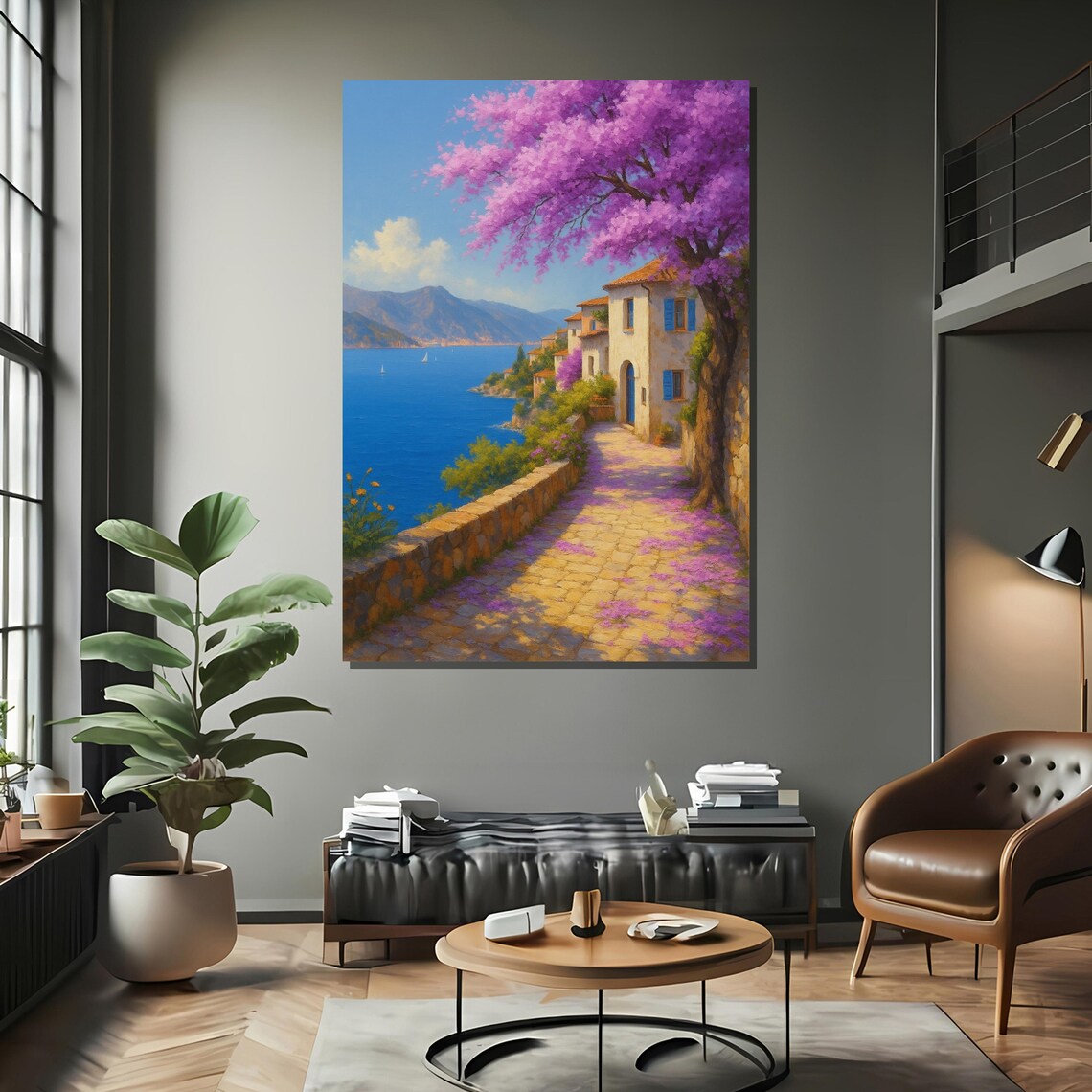 Mediterranean Seaside Village, Coastal Landscape Art Print - Image 2