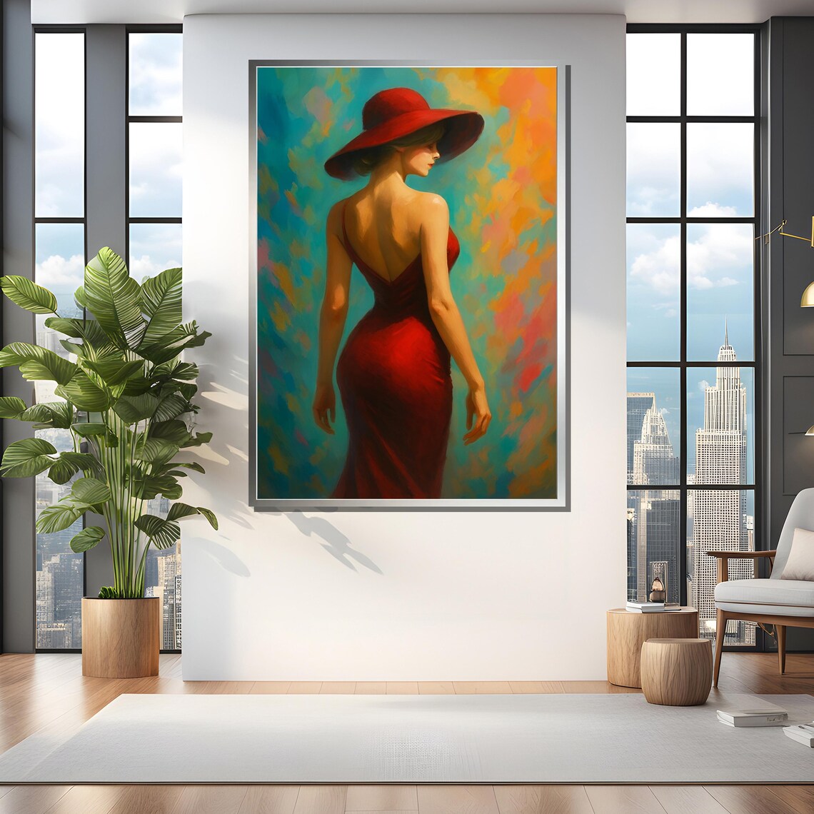 Elegant Woman in Red Dress and Wide Hat Vibrant Painting Art Poster - Image 4