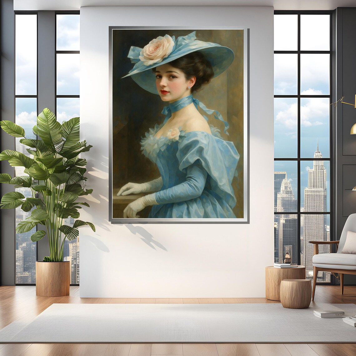 Elegant Lady In Blue Dress Art Print - Image 4