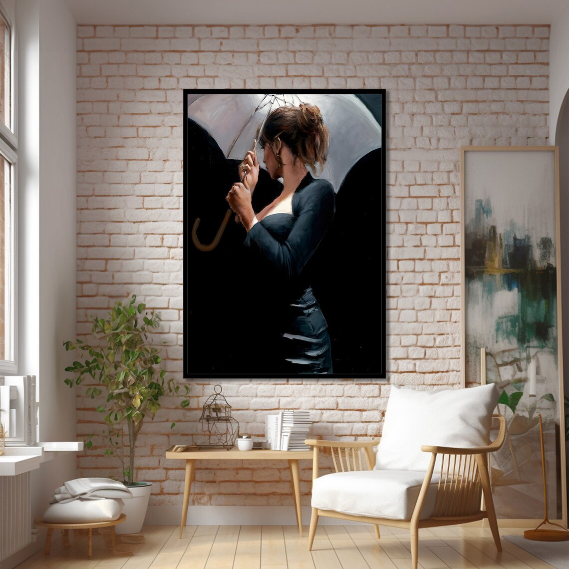 Elegant Woman in Black Dress Holding Umbrella, Modern Art Print - Image 2