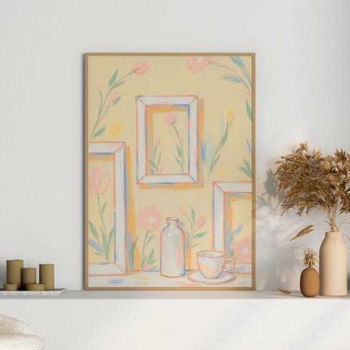 Empty Frames With Bottle Teacup and Pink Flowers Yellow Kitchen Poster