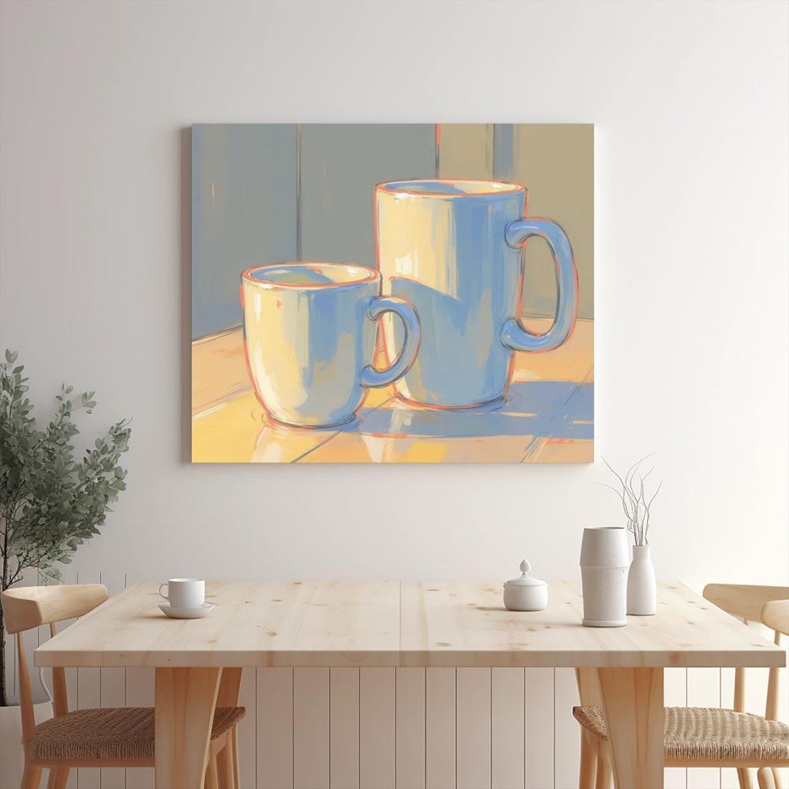 Tall Short Mugs Golden Sunlight Warm Kitchen Still Life Art Poster