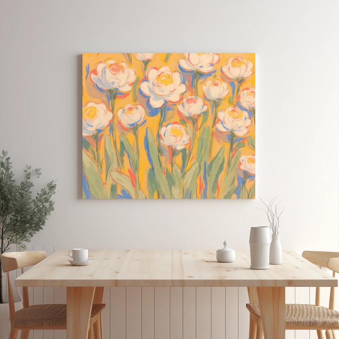 White Peonies With Yellow Centers on Golden Yellow Floral Art Poster
