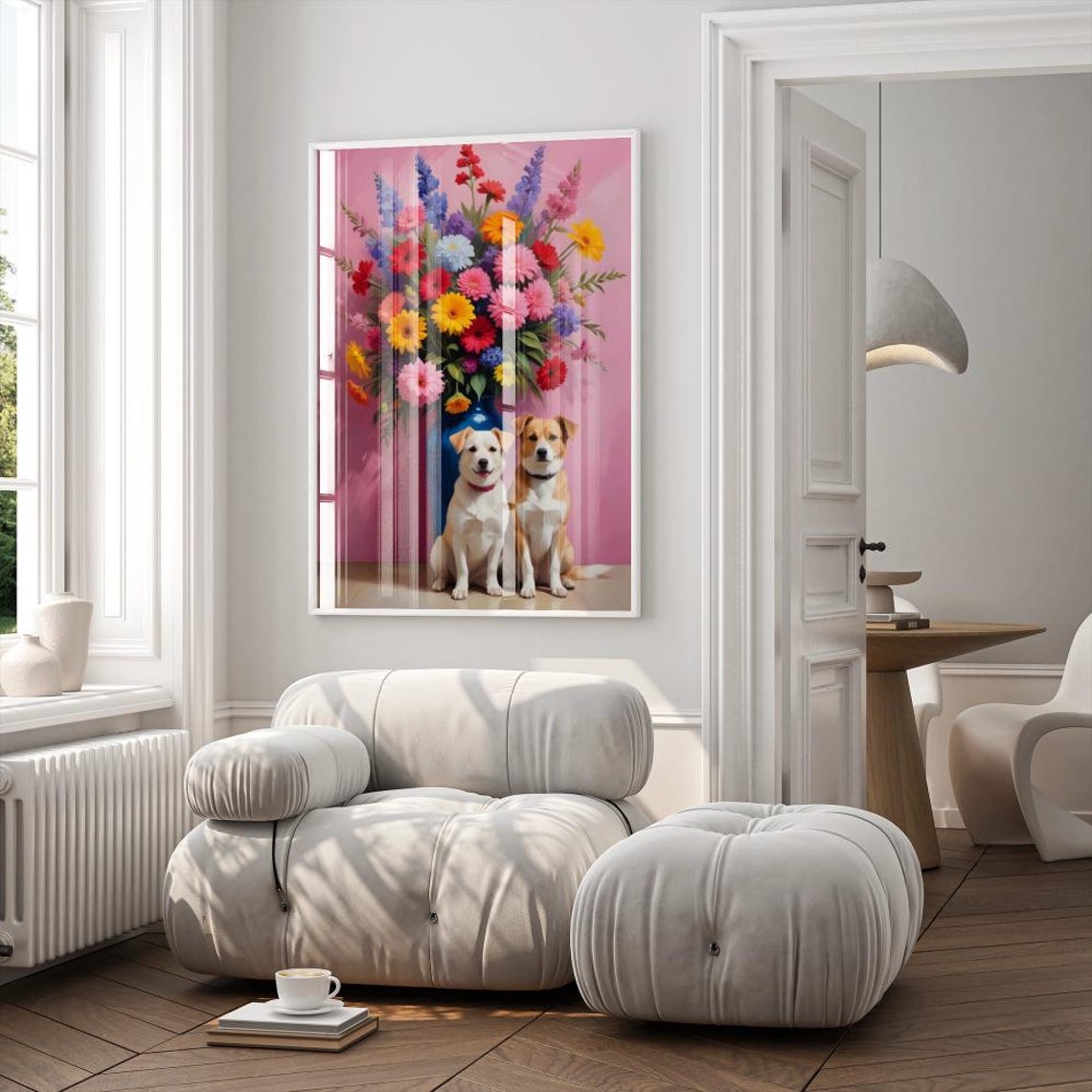 Two Happy Dogs Sitting Before Colorful Flower Bouquet Art Poster