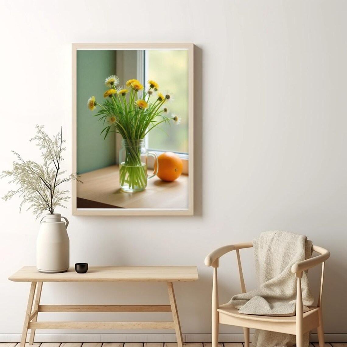 Dandelion Seedhead And Yellow Blossom Bouquet In Glass Jar Poster