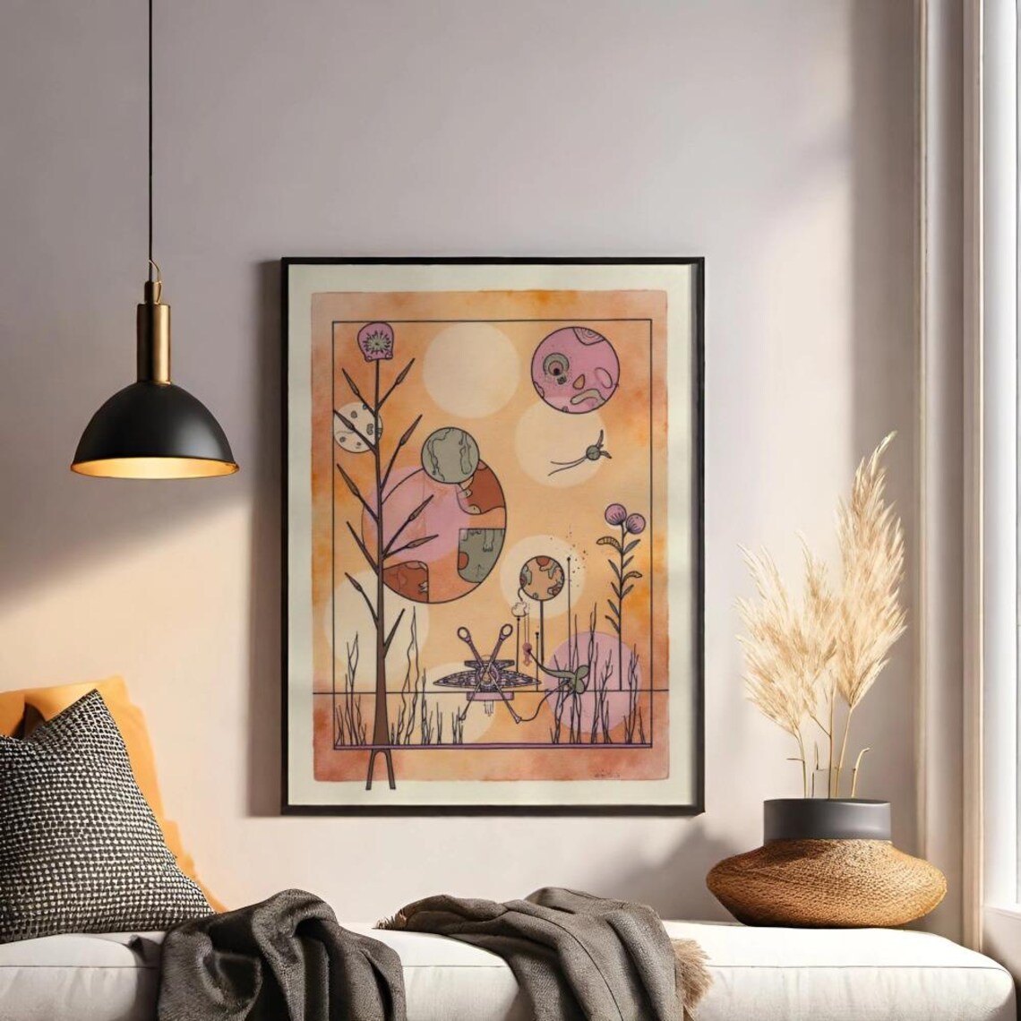 Dreamy Pink Planets and Tree Whimsical Watercolor Fantasy Art Poster