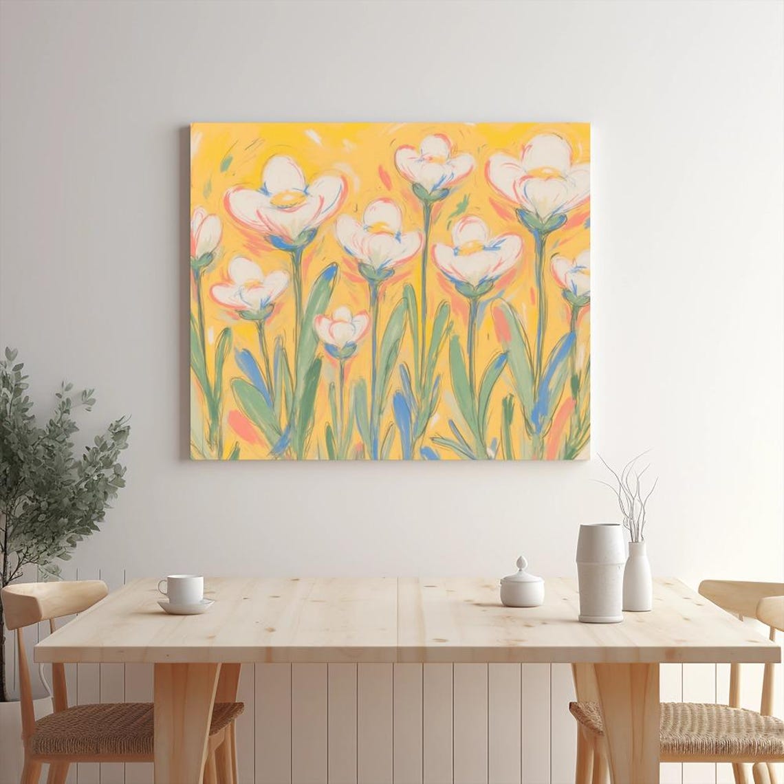 White Cosmos Flowers on Bright Yellow Cheerful Floral Art Poster