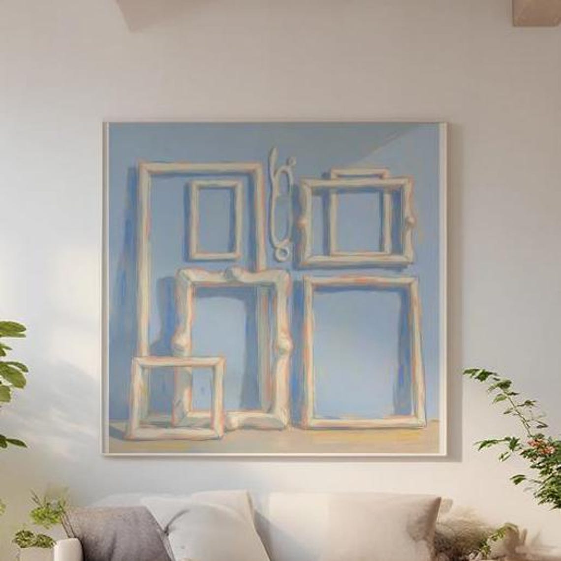 Stacked Pastel Picture Frames on Blue Impressionist Style Art Poster - Image 2