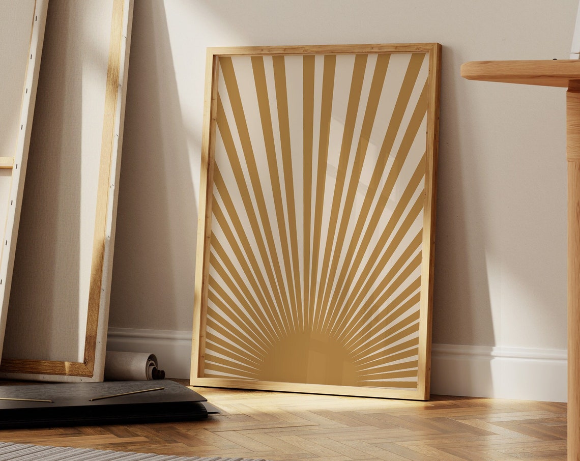 Muted Yellow Sunburst Rays Minimalist Art Print Warm Boho Wall Decor