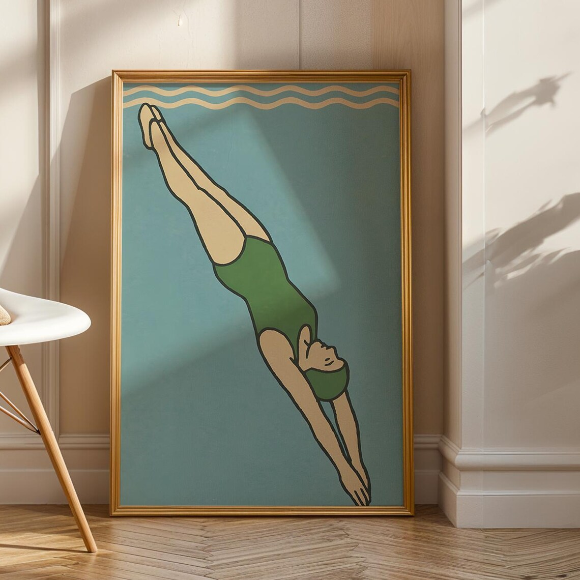 Art Deco Lady Diver In Green Swimsuit Vintage Swim Art Poster