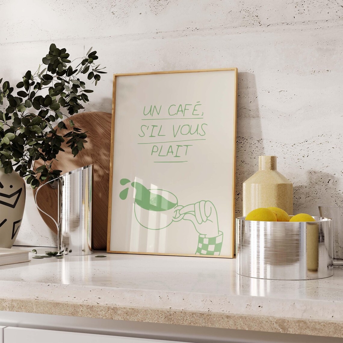 Un Cafe Sil Vous Plait Green French Coffee Cup Parisian Wall Poster - Image 3