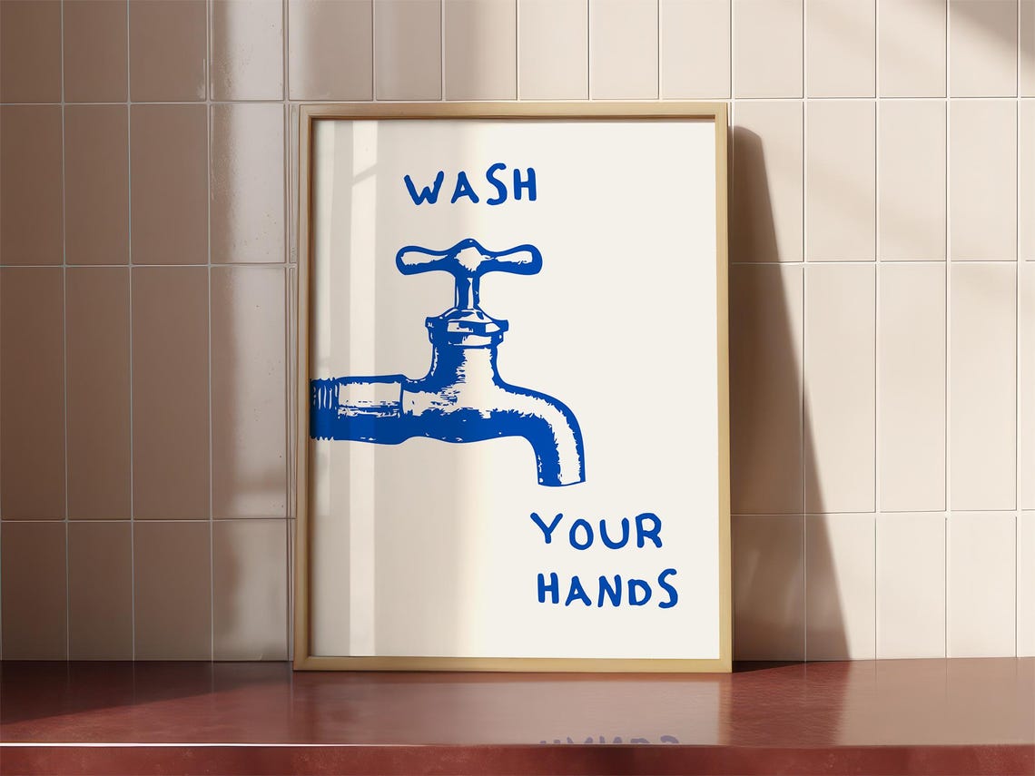 Wash Your Hands Blue Faucet Funny Bathroom Retro Art Decor Poster - Image 3
