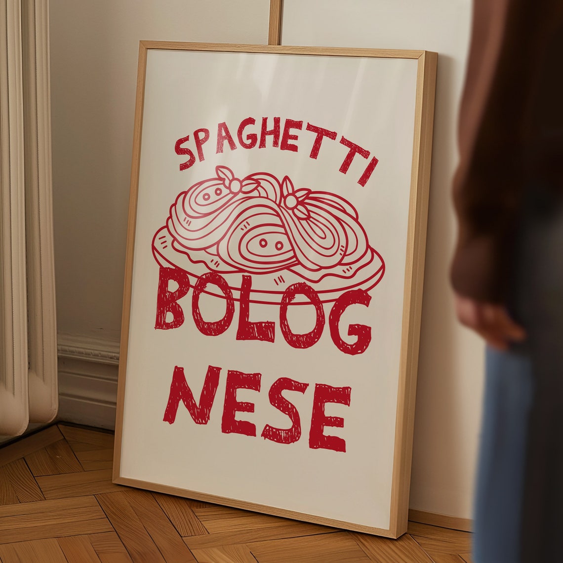 Spaghetti Bolognese Red Line Art Italian Pasta Kitchen Poster