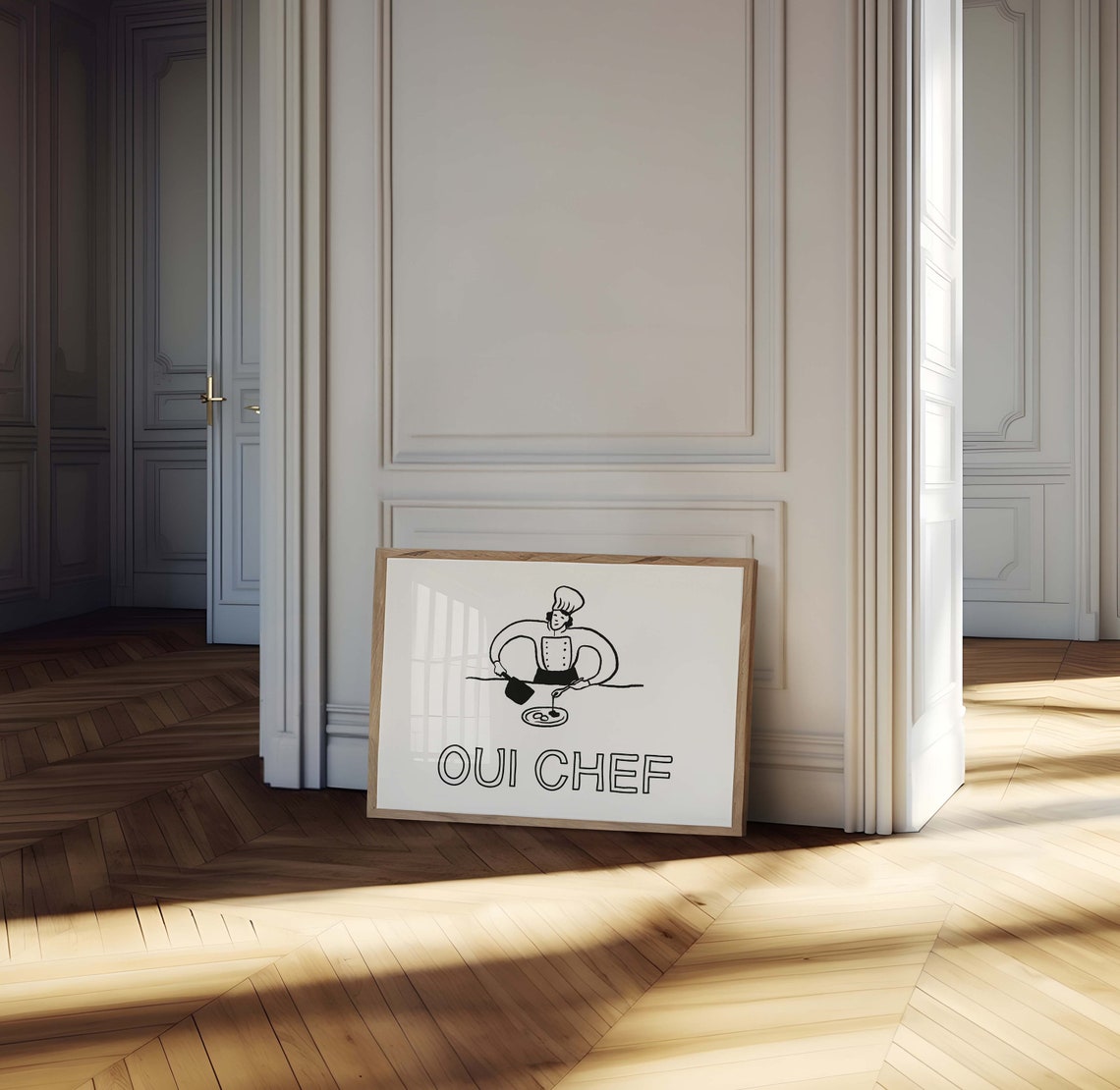 Oui Chef Black Chef Cooking Line Art French Kitchen Quote Poster - Image 2