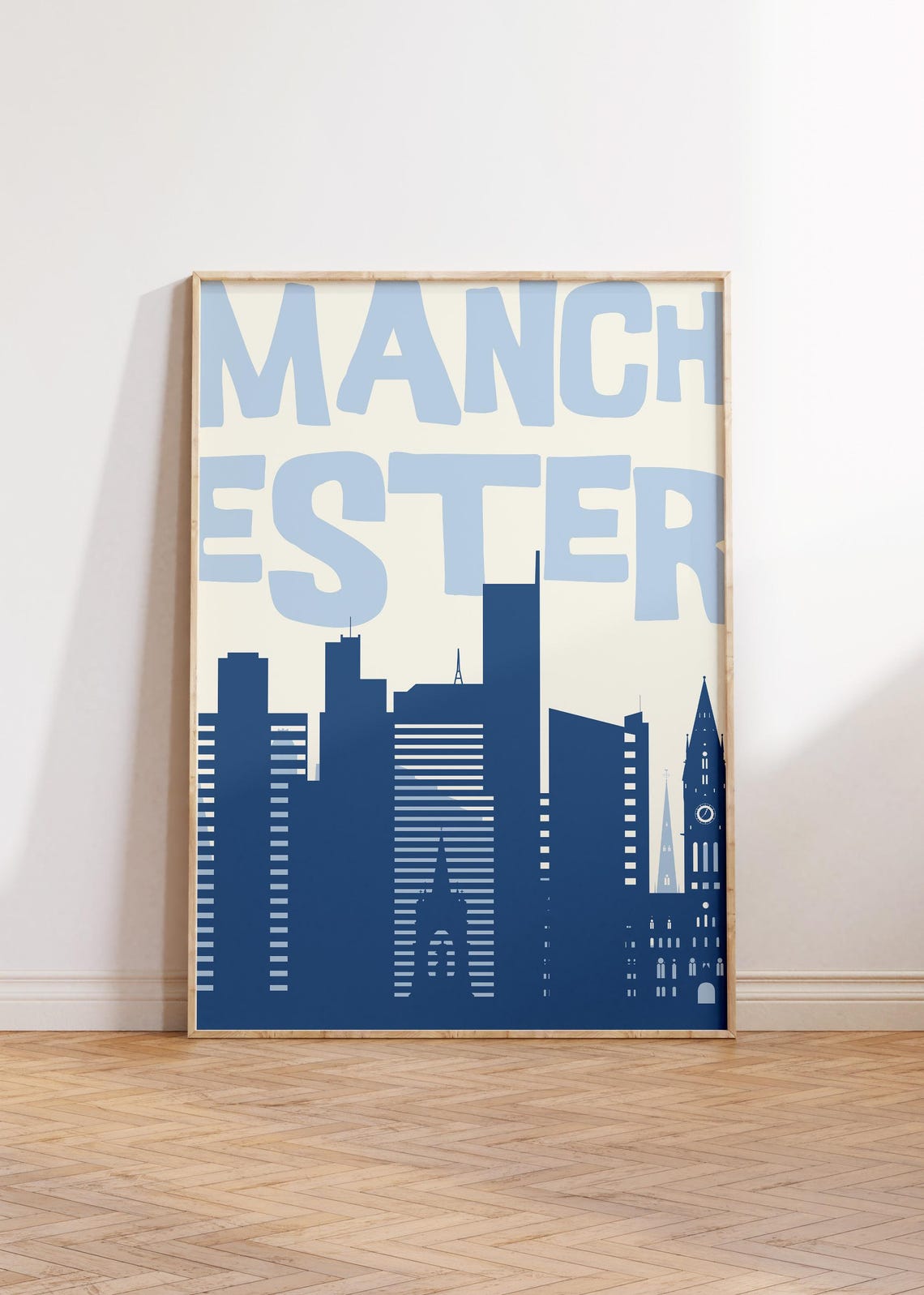 Manchester Blue Skyline Typography Poster Minimalist City Wall Decor