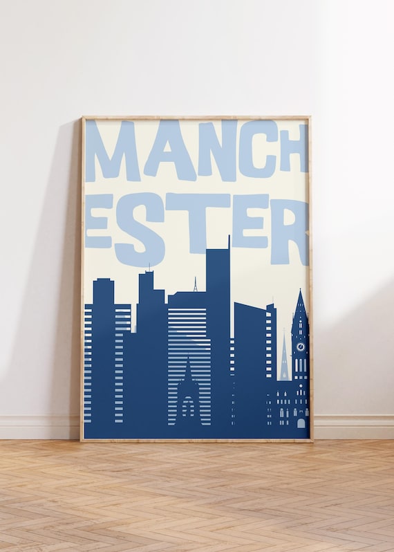 Manchester Blue Skyline Typography Poster Minimalist City Wall Decor