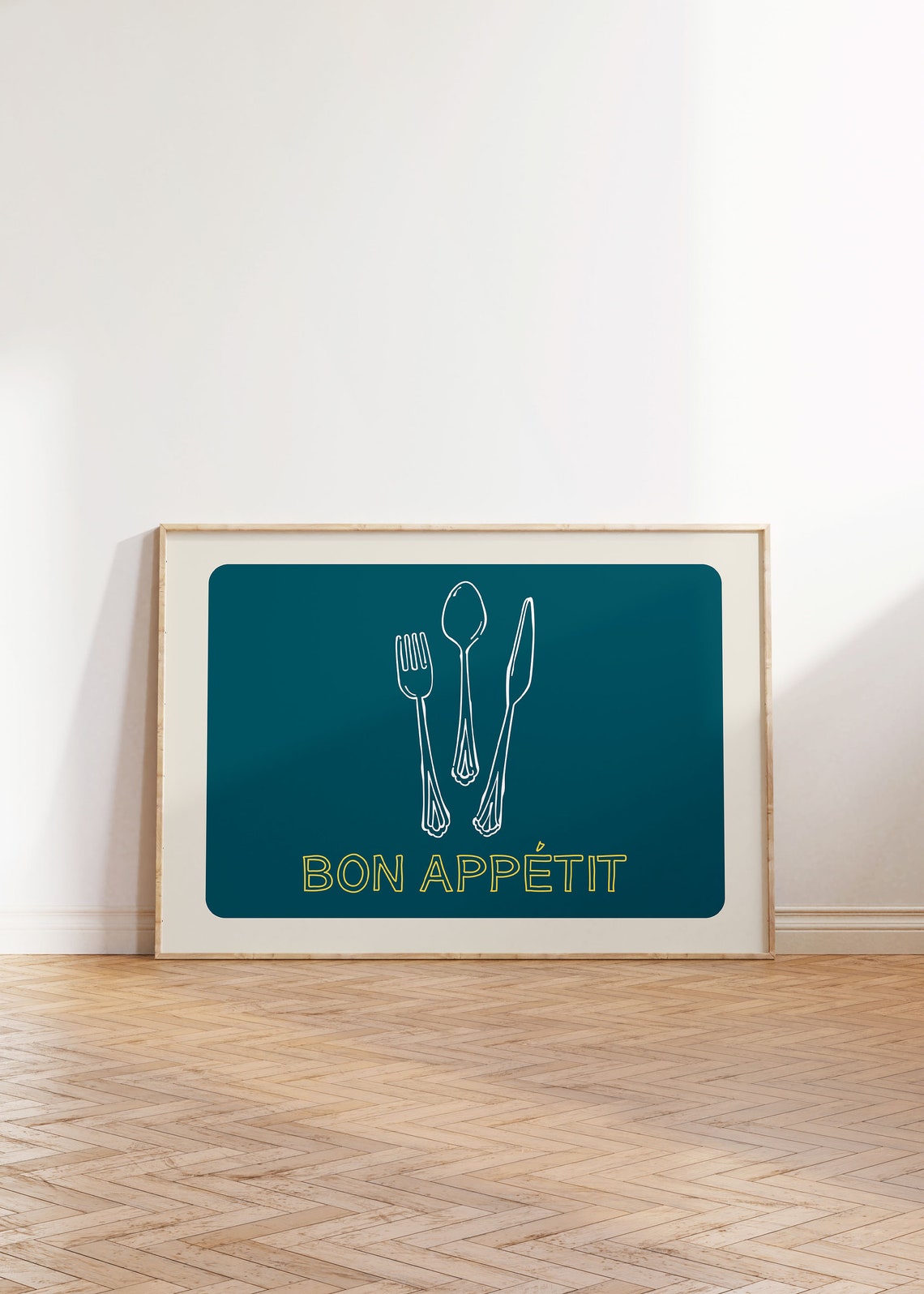 Bon Appetit Teal Utensils Line Art French Kitchen Dinner Poster - Image 4