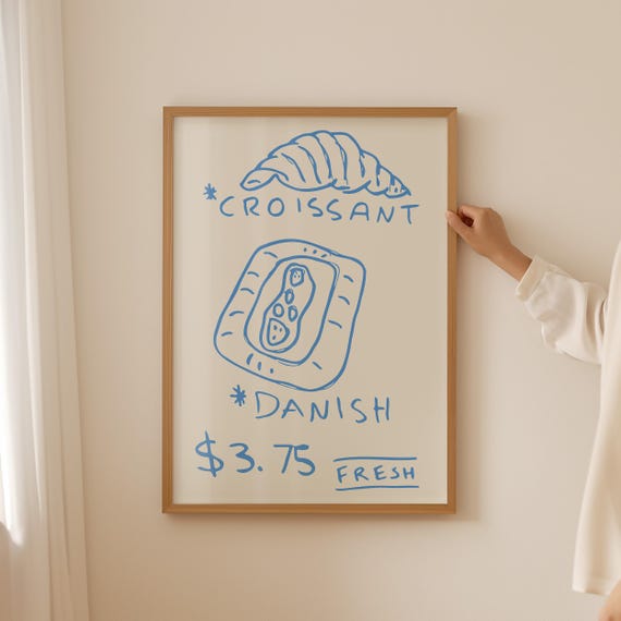 Croissant Art Print Retro French Kitchen Decor Trendy Wall Art Vintage Food Poster Blue Minimalist Print