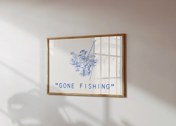 Gone Fishing Print Vintage Beach Poster Trendy Home Decor Retro Print Beachy Decor Cute Quote Art Coastal Decor Wall Art Blue