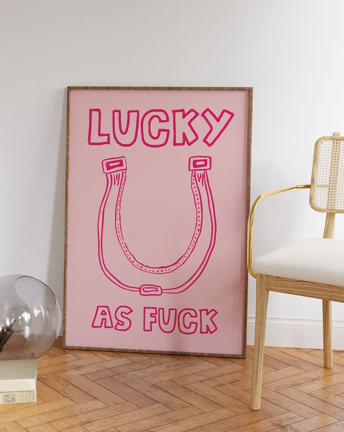 Lucky As Fuck Pink Horseshoe Outline Quote Typography Decor Poster - Image 5