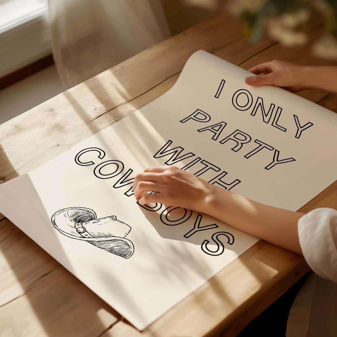 I Only Party With Cowboys Black Outline Typography Western Poster - Image 3