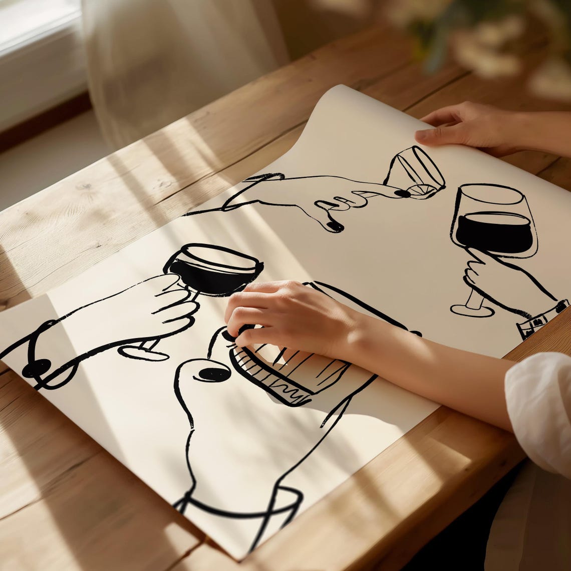 Black Line Art Hands Toasting Wine Glasses Cheers Bar Poster - Image 5