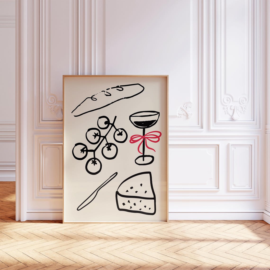 Dinner Party Food Illustration Poster Black Line Art Wine Cheese Bow - Image 2
