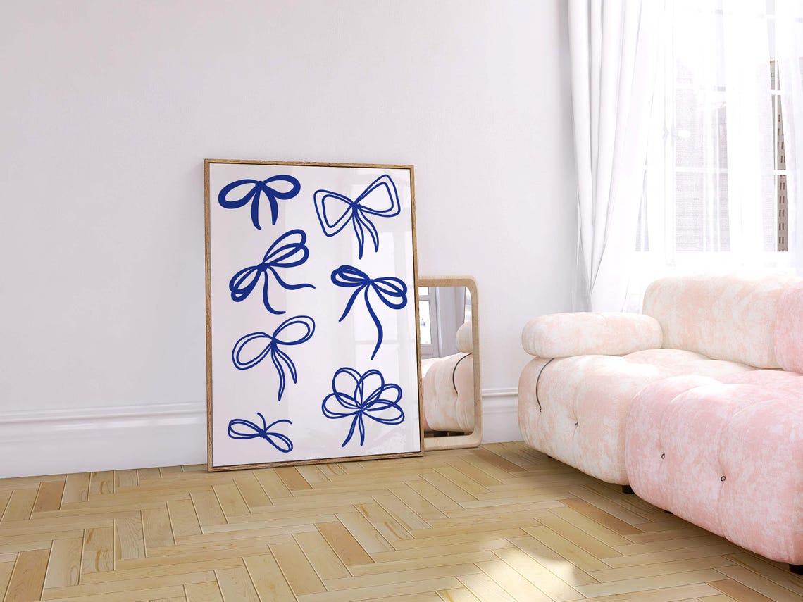 Navy Blue Coquette Bow Doodle Art Trendy Dorm Room Wall Poster - Image 3