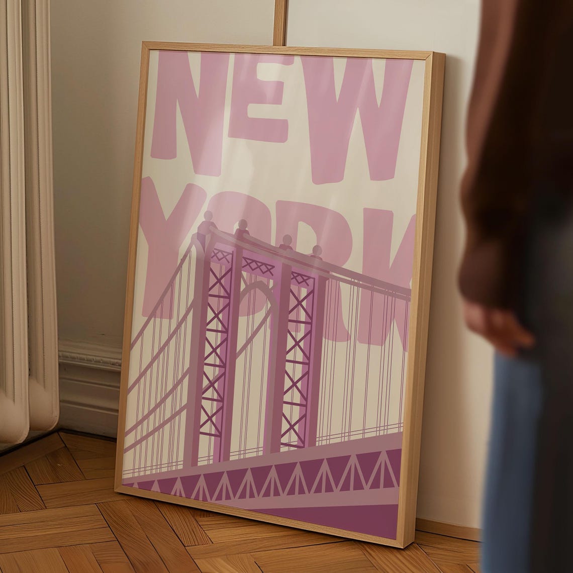 New York Pink Suspension Bridge Skyline Retro Typography Poster