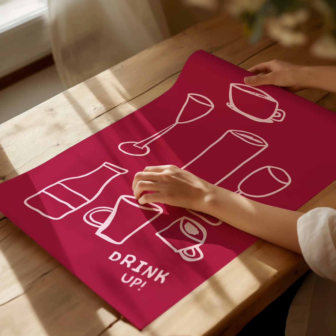 Red Drink Up Cream Line Art Cocktail Glasses Bar Decor Poster - Image 4
