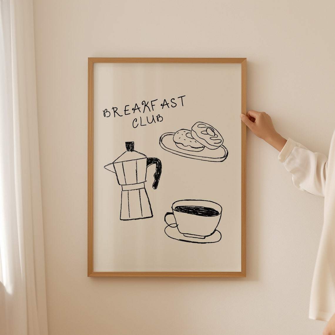 Breakfast Club Black Line Art Moka Pot Donuts Beige Kitchen Poster - Image 5