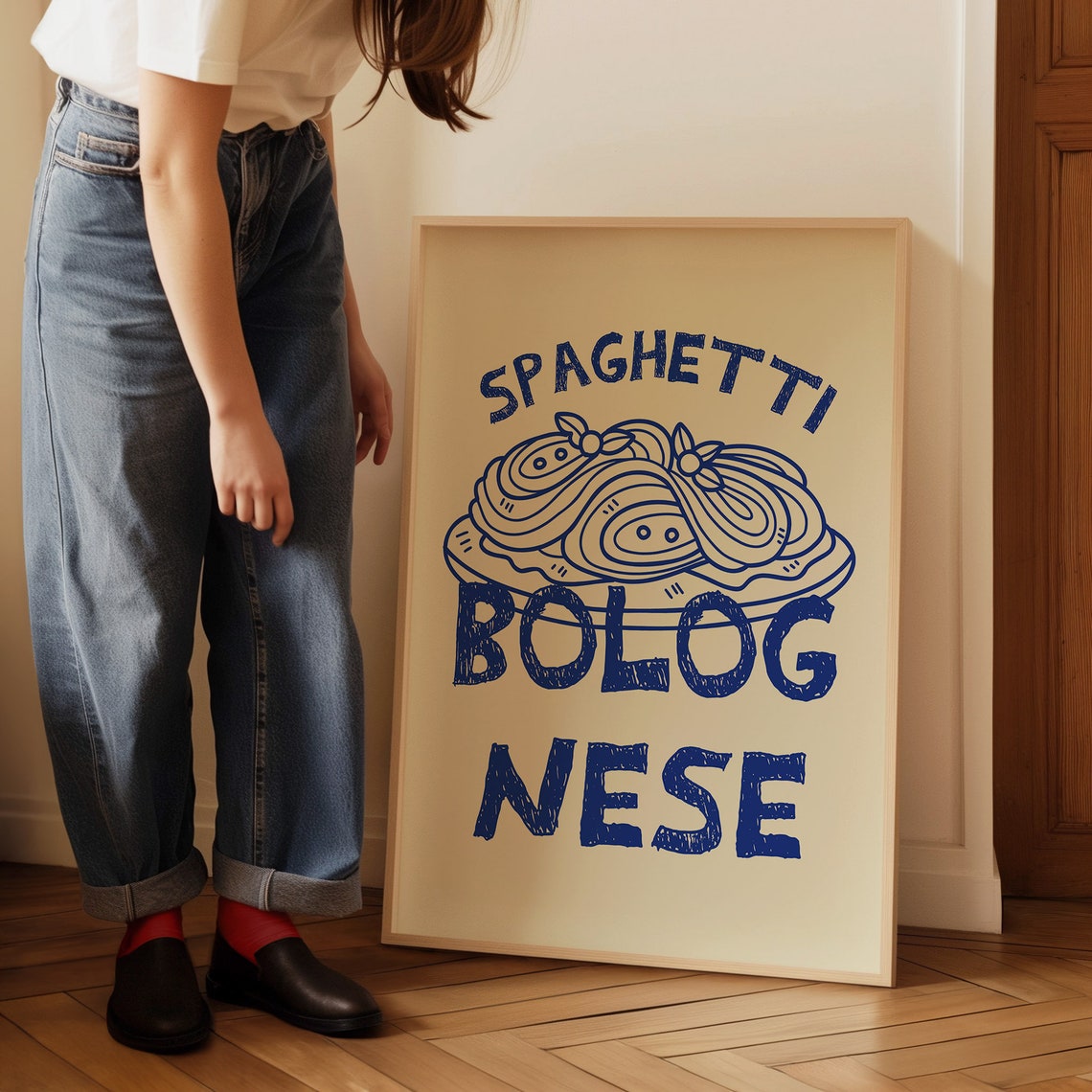 Spaghetti Bolognese Blue Line Art Italian Pasta Kitchen Poster - Image 5