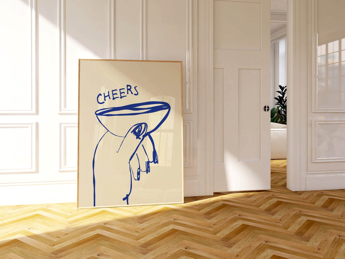 Cheers Cocktail Glass Hand Blue Bar Cart Drink Kitchen Decor Poster - Image 3