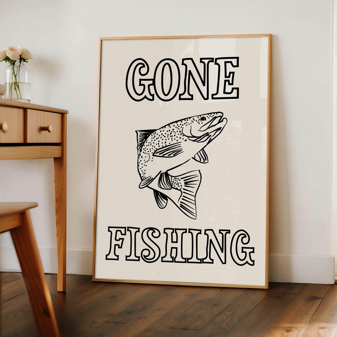 Retro Cream Gone Fishing Trout Sketch Minimalist Line Poster - Image 2