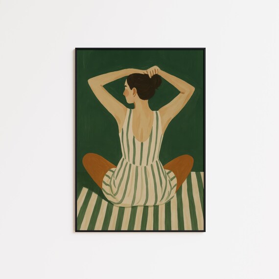 Stretching In Stillness Modern Feminine Green Wall Art Minimalist Figure Poster