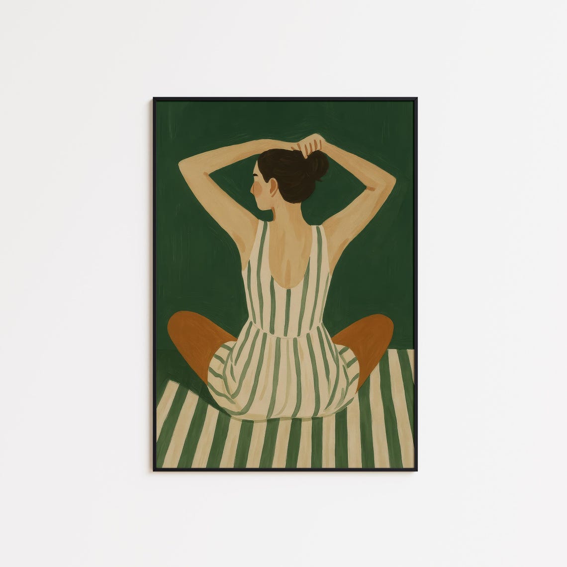 Stretching In Stillness Modern Feminine Green Striped Art Poster