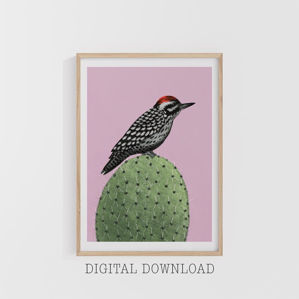 Red-Crowned Woodpecker on Barrel Cactus Pink Desert Art Poster