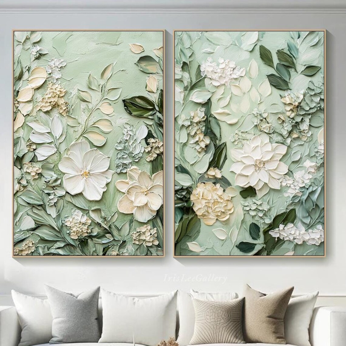 Sage Green 3D Floral Diptych White Blooms Textured Botanical Wall Art