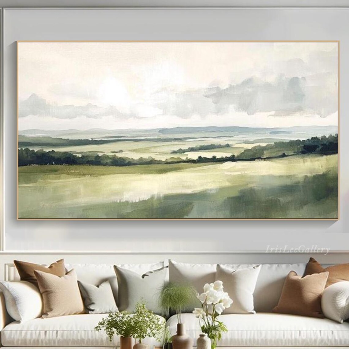 Tranquil Green Meadow Hills Soft Gray Sky Landscape Painting Wall Art - Image 4
