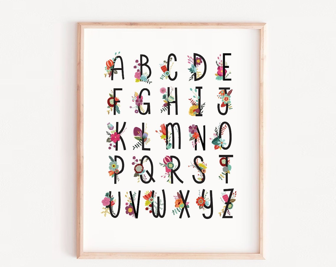 Alphabet Girls Floral Illustration Nursery Art Print