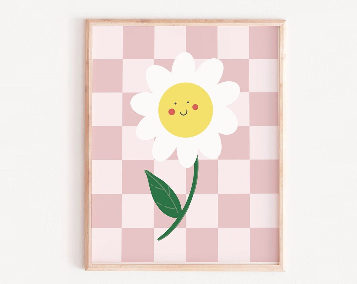 Smiling Daisy Flower Pink Checkerboard Retro Nursery Kids Wall Poster