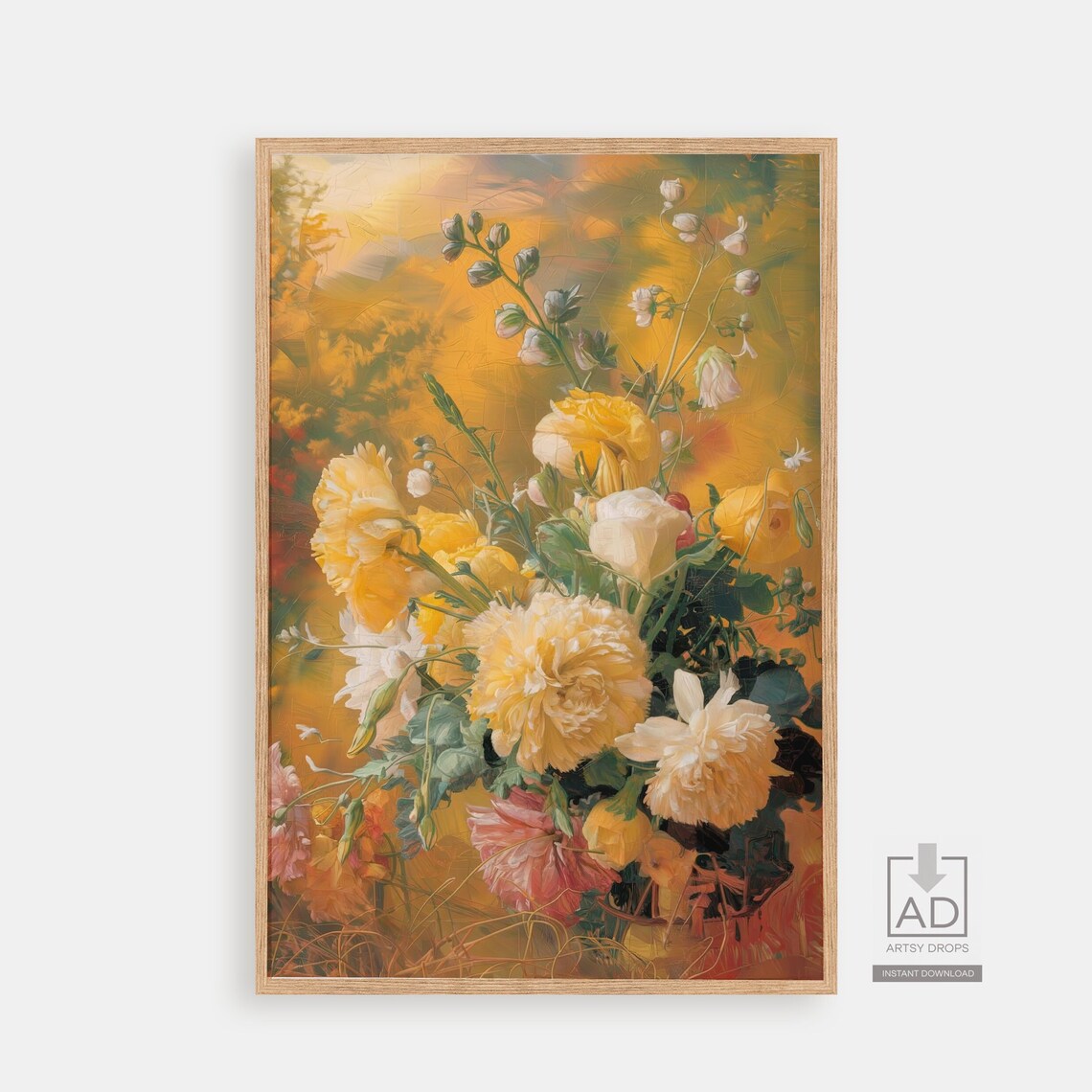 Golden Yellow Bouquet Ranunculus Roses Warm Impressionist Art Poster