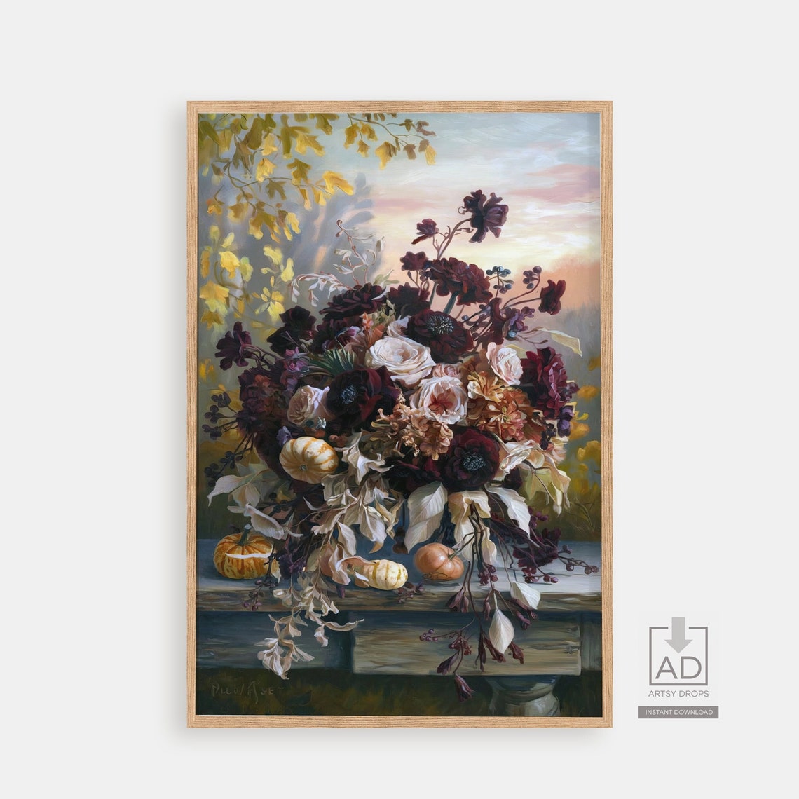 Plum Burgundy Harvest Bouquet Pumpkin Painterly Sunset Art Poster