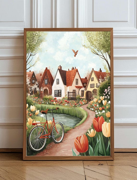 Netherland Beauty Wall Art Netherlands Tulip Field Bicycle Illustration Dutch Landscape Storybook Style