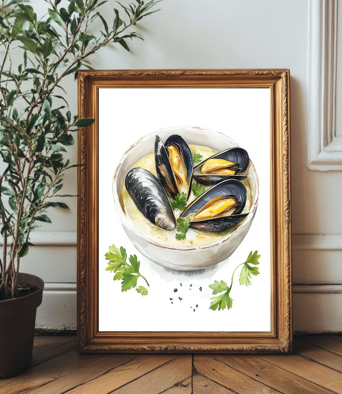Mussels in Creamy Broth Watercolor Seafood Soup Bowl Kitchen Wall Art