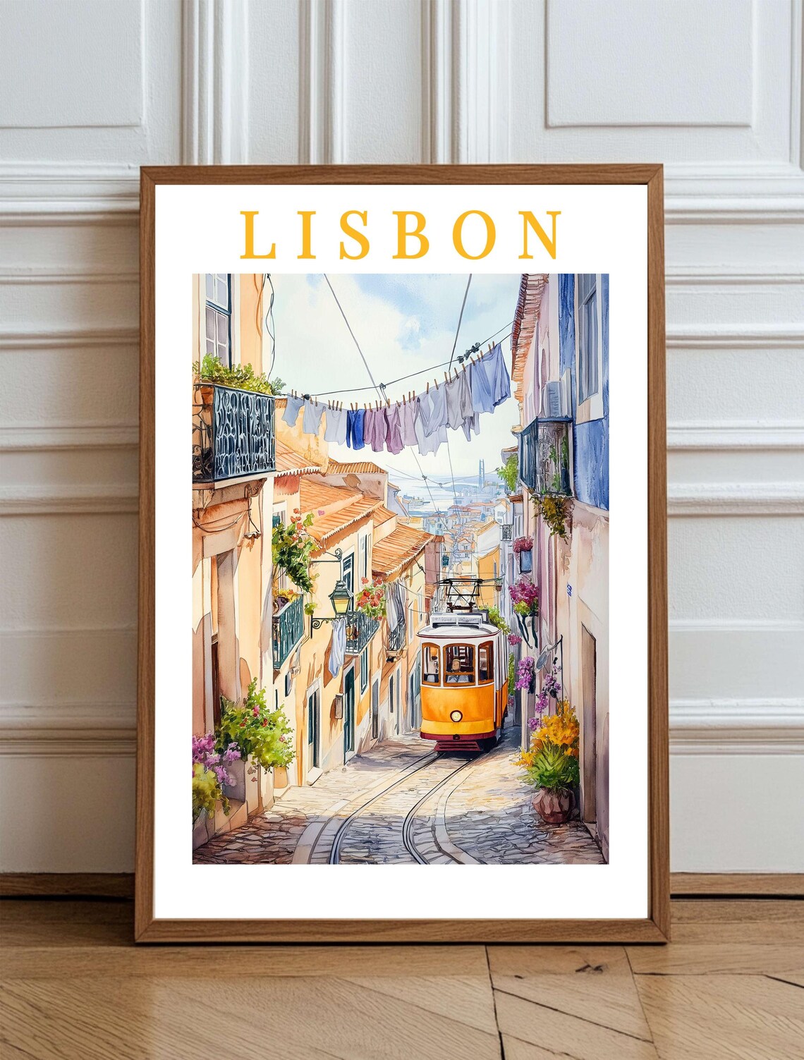 Lisbon Tram Watercolor Travel Poster, Alfama Street