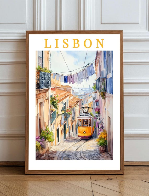 Lisbon Tram Watercolor Travel Poster, Alfama Street