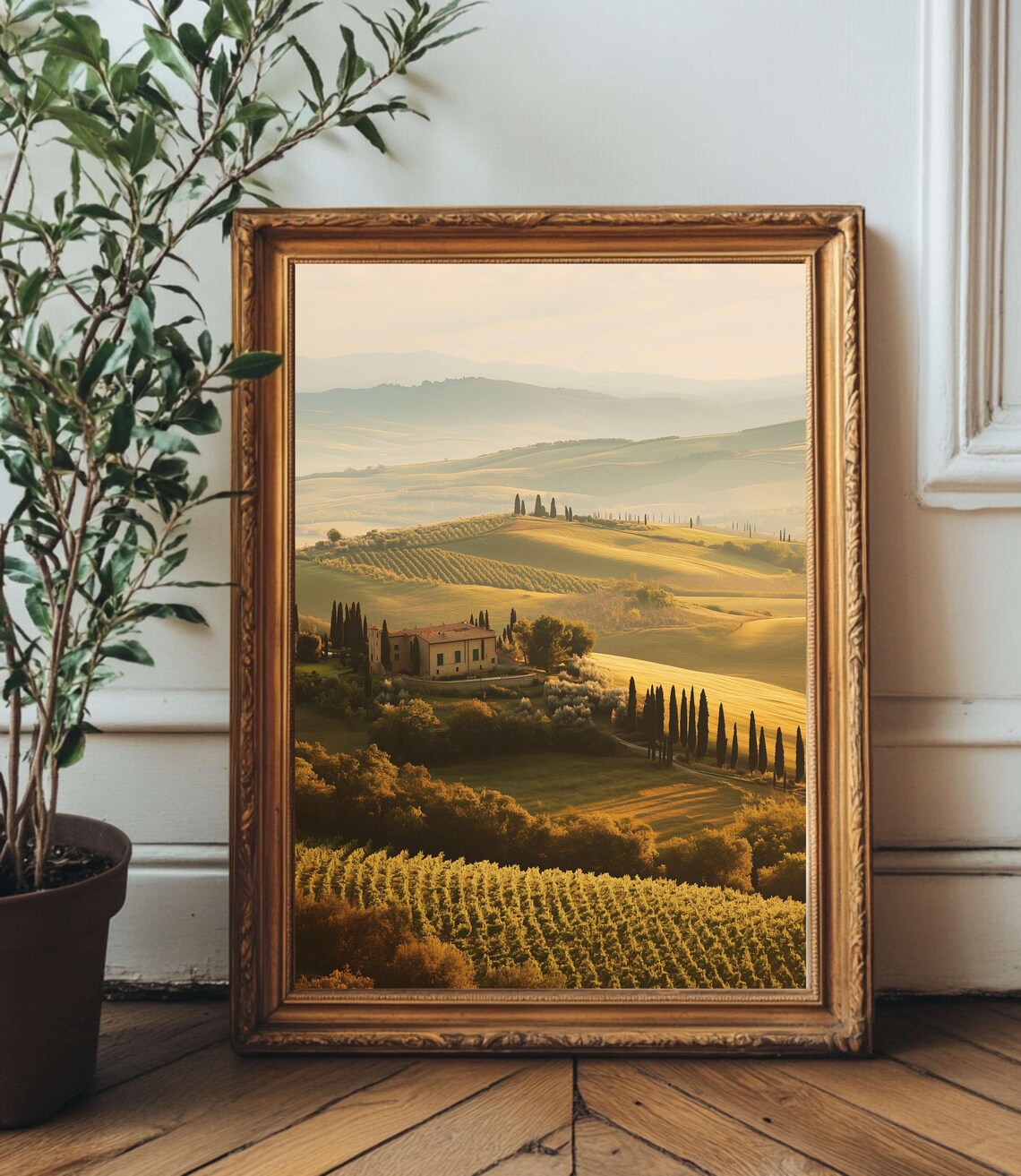 Tuscany Golden Hills Stone Farmhouse Cypress Trees Landscape Poster