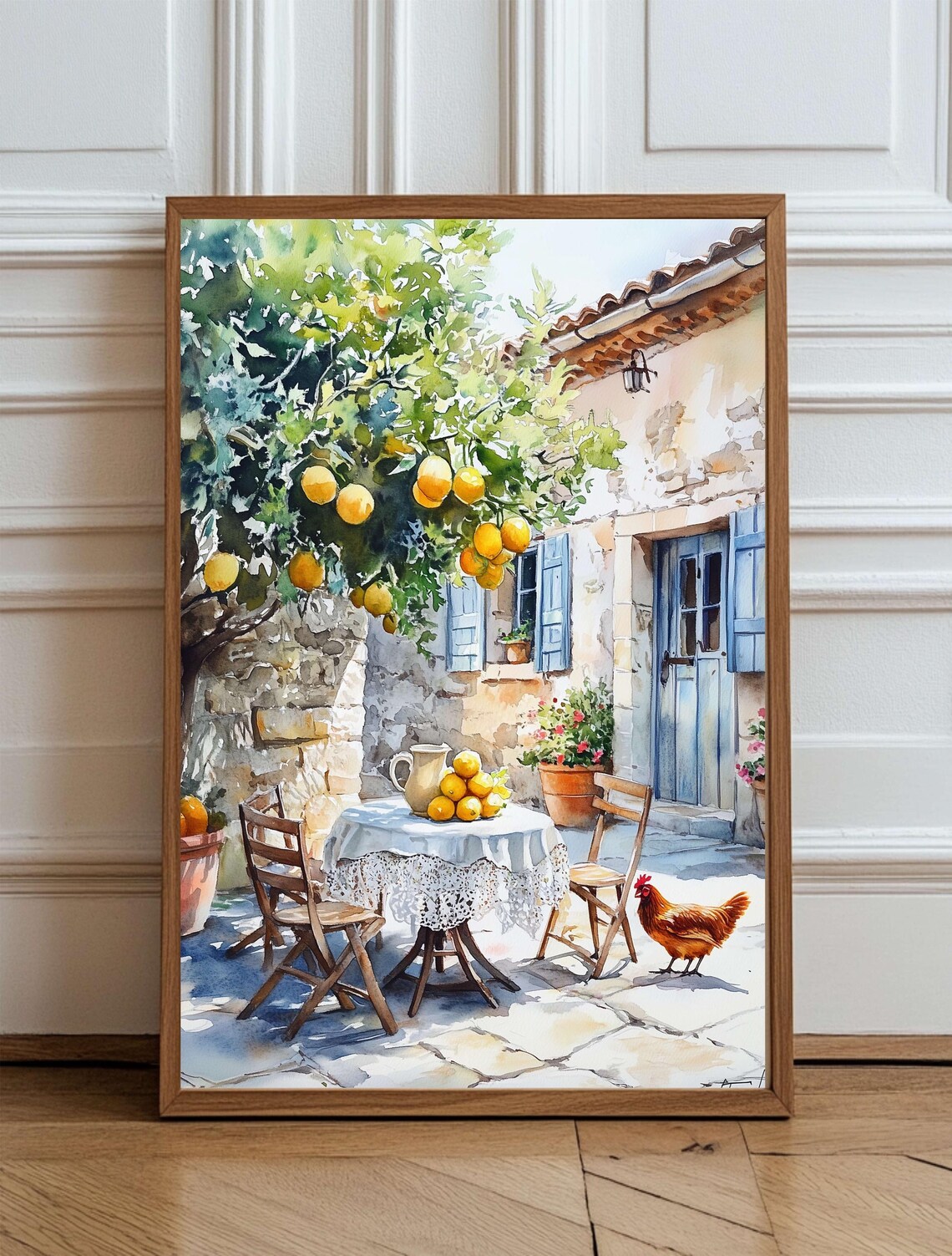 Sunlit Mediterranean Lemon Courtyard Watercolor Stone Patio Poster
