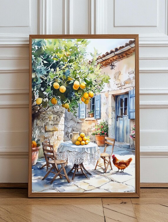 Sunlit Mediterranean Lemon Courtyard Watercolor Stone Patio Poster